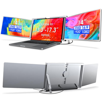 Portable 14" IPS Triple-Screen Monitor Extender - Dual 1080P IPS Displays, Single‑Cable USB‑C Operation, Adjustable Stand, for 13-17" Windows & macOS Laptops (Gray)