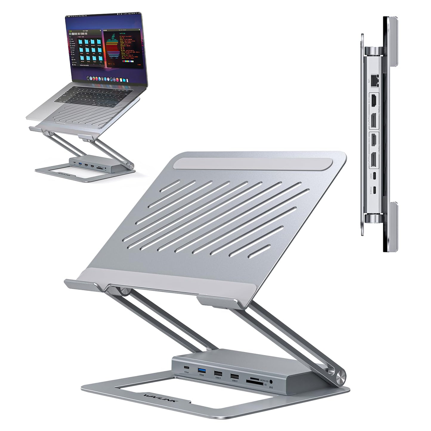 WAVLINK USB‑C Docking Station Stand — Dual 2K DisplayLink, 100W PD, 2× HDMI + 2× DP, USB 3.0, Ethernet, SD/TF, Audio