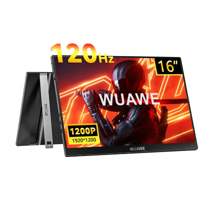 WUAWE 16" 120 Hz USB‑C Portable Display - 1920×1200 (1200P) IPS, 120 Hz, 100% sRGB, HDR, Freesync, USB‑C & Mini‑HDMI, Built‑in Stand (Black)