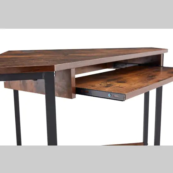 Triangle Corner Computer Desk with Keyboard Tray & Storage Shelves (Brown)