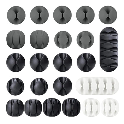 24‑Piece Adhesive Cable Clip Organizer Set (Black / White / Gray)