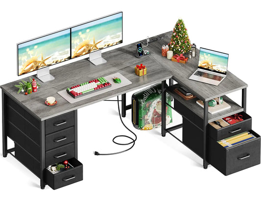 Coleshome 55" L‑Shaped Computer Desk with 6 Drawers, Power Outlet & Reversible Storage Shelf (Grey Oak)