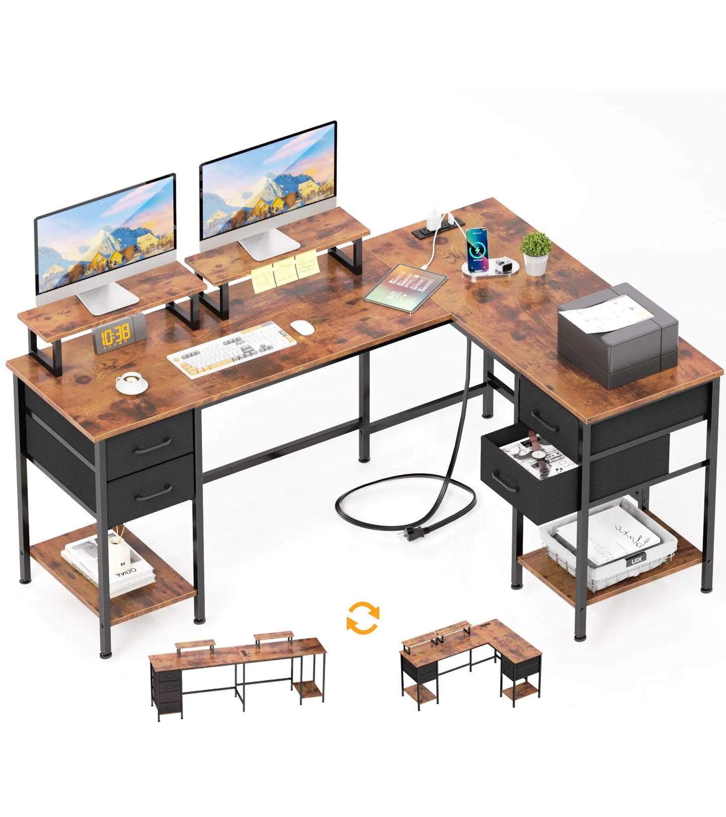 Korfile 59" L‑Shaped Computer Desk with Power Outlets, Adjustable Drawers & Dual Monitor Stands (Rustic Brown)