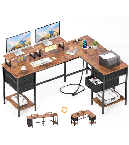 Korfile 59" L‑Shaped Computer Desk with Power Outlets, Adjustable Drawers & Dual Monitor Stands (Rustic Brown)