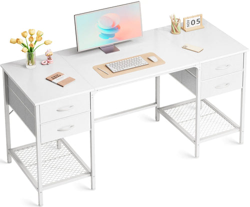 Huuger 55" Computer Desk with 4 Drawers, Mesh Shelf & Large Storage (White)