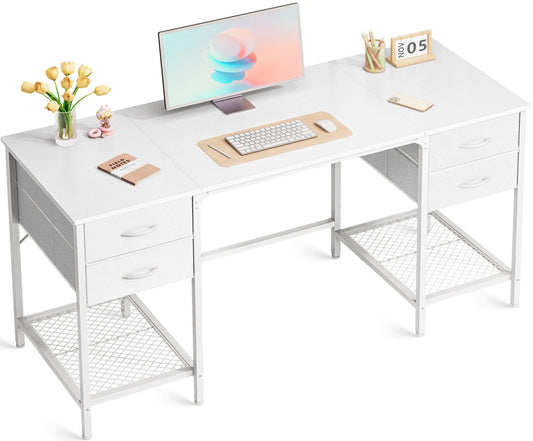 Huuger 55" Computer Desk with 4 Drawers, Mesh Shelf & Large Storage (White)