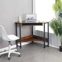 Triangle Corner Computer Desk with Keyboard Tray & Storage Shelves (Brown)