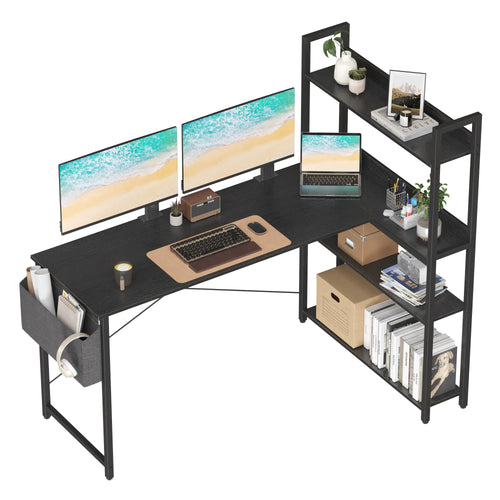 Treesland 55" L‑Shaped Computer Desk with 4‑Tier Bookshelf & Storage Bag (Black)