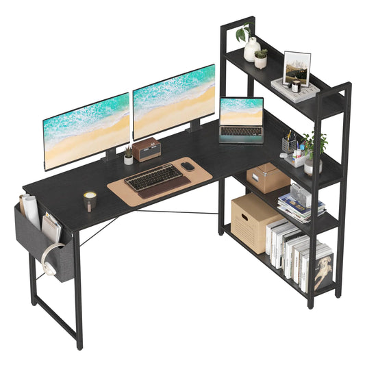 Treesland 55" L‑Shaped Computer Desk with 4‑Tier Bookshelf & Storage Bag (Black)