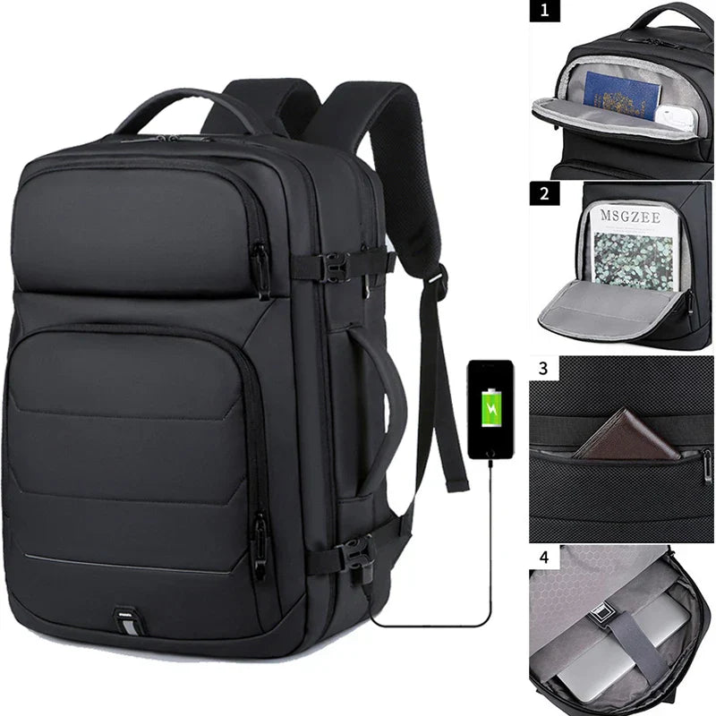 Expandable 17-Inch Waterproof Laptop Backpack with USB Charging Port - Black-1