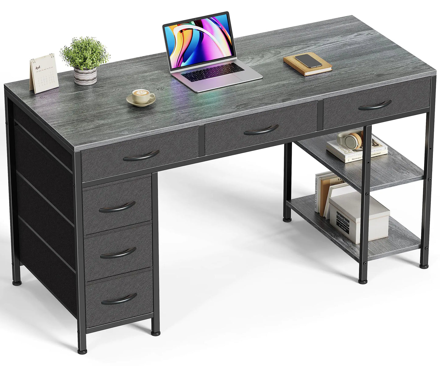 Huuger 47" Computer Desk with 6 Drawers, Shelves & Reversible Storage (Gray)