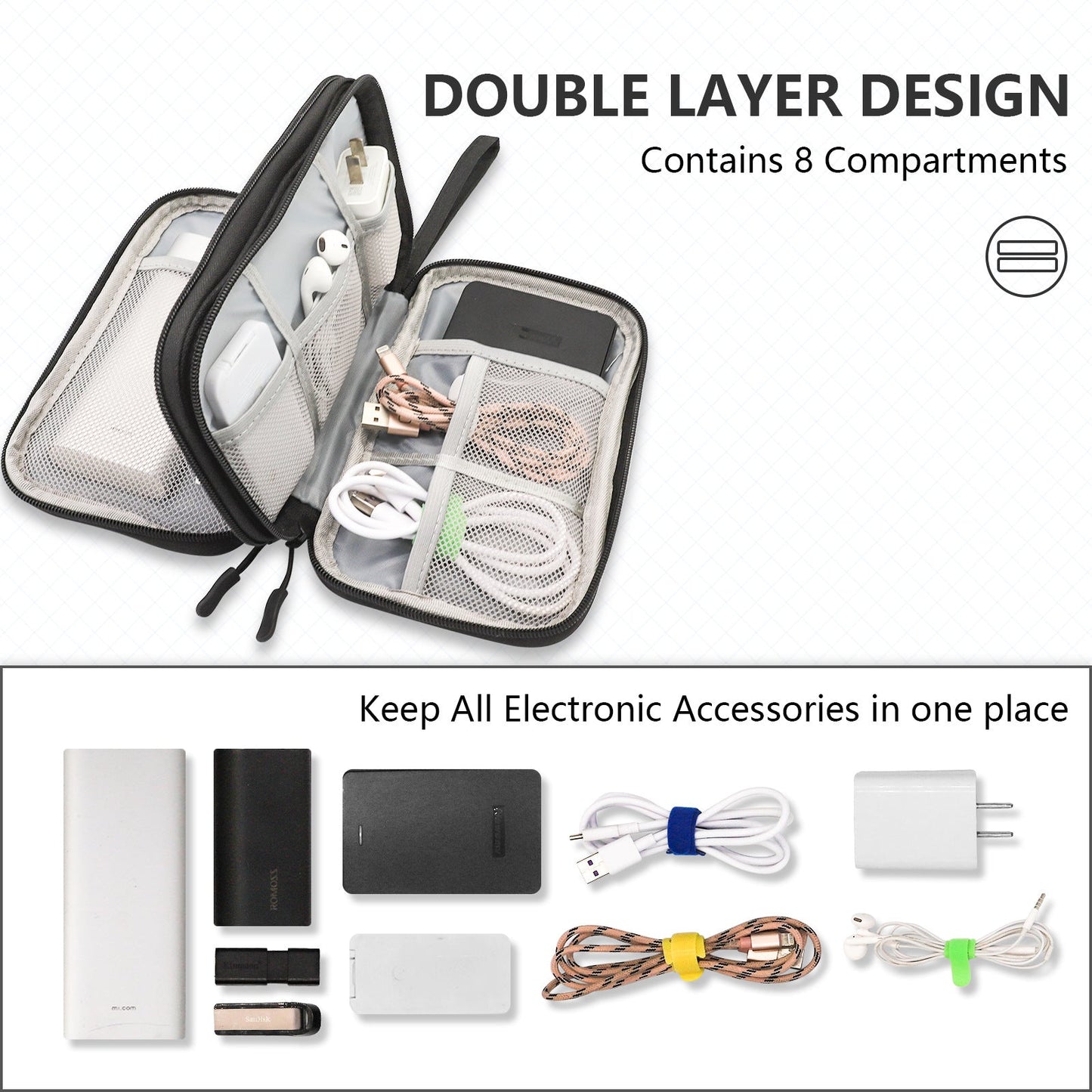 NNEDSZ Multi‑Compartment Cable & Accessory Travel Organizer - Black-1