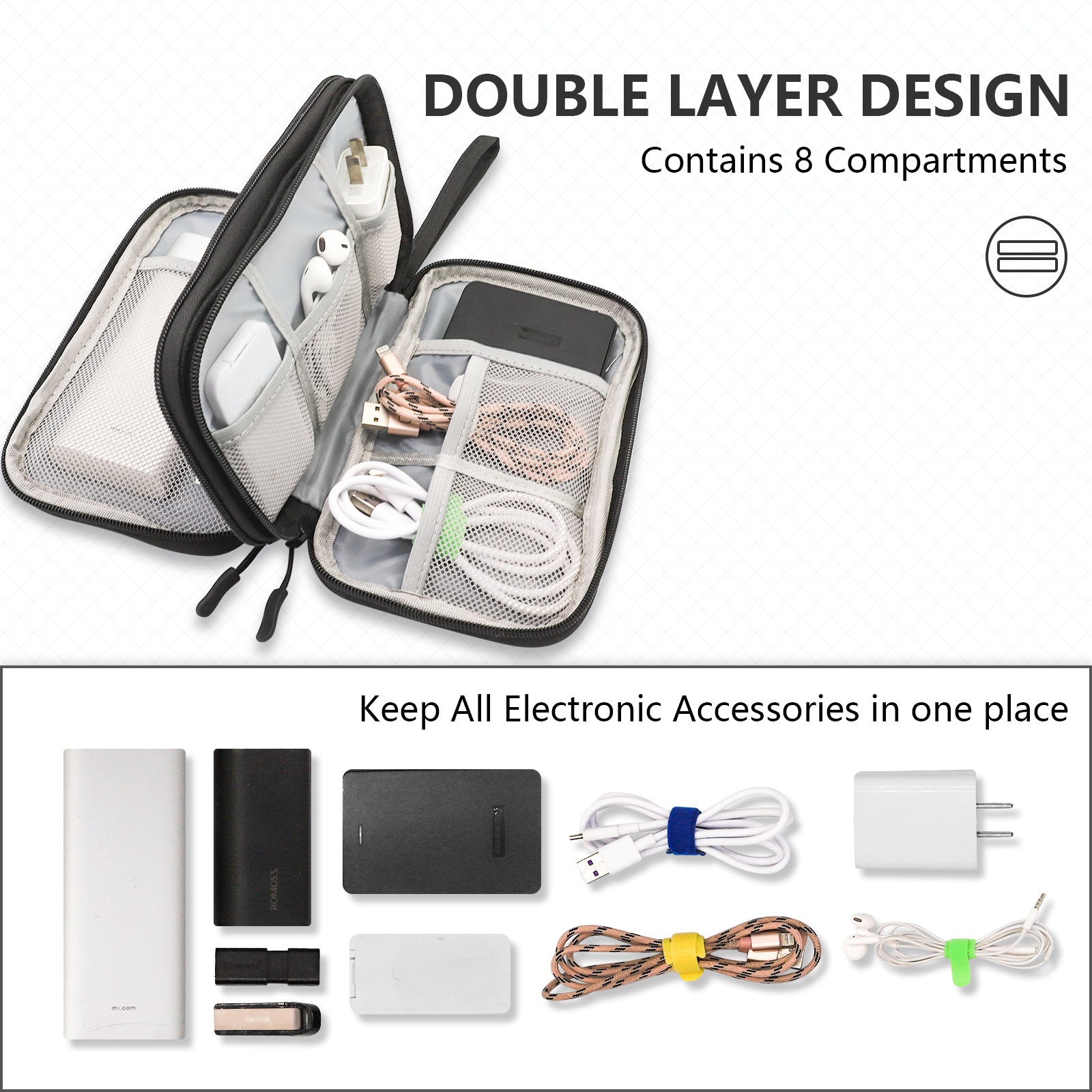 NNEDSZ Multi‑Compartment Cable & Accessory Travel Organizer - Black-1