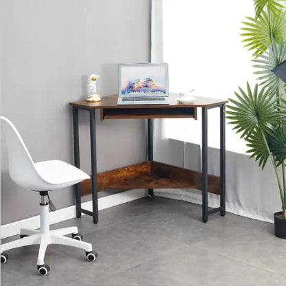 Triangle Corner Computer Desk with Keyboard Tray & Storage Shelves (Brown)