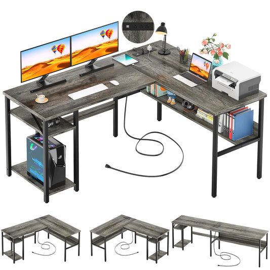 Reversible L‑Shaped Computer Desk with Power Outlets & USB Ports (Black Oak)