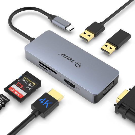 TOTU 6‑in‑1 USB‑C Docking Station — 4K HDMI, VGA, USB 2.0 Ports, SD/TF Card Reader