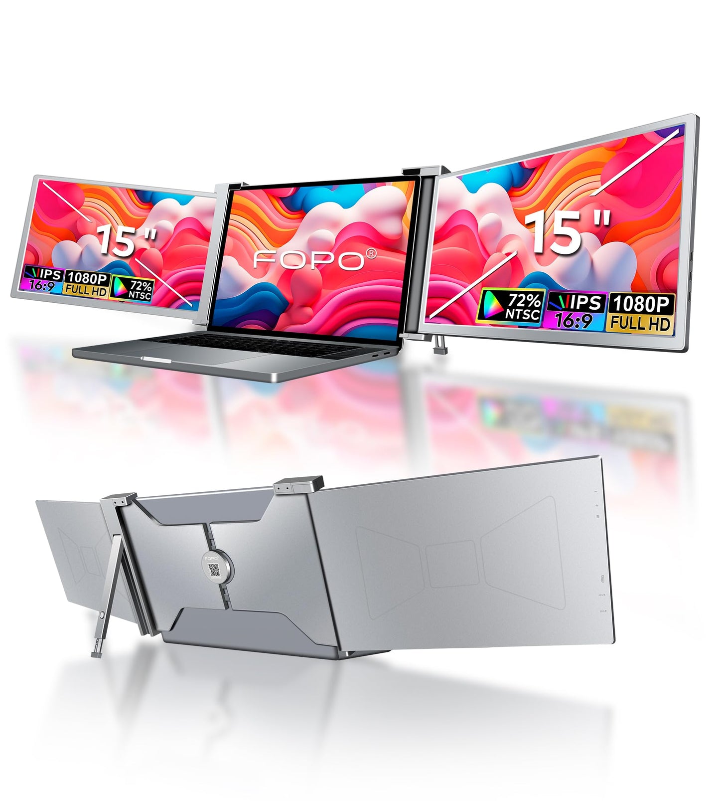 FOPO 15" Triple‑Screen Laptop Extender - 1080P IPS with USB‑C/HDMI Plug‑and‑Play for 15-17.3" Laptops