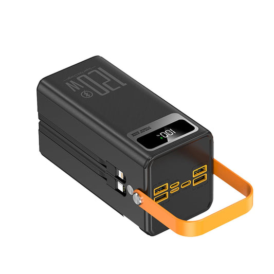 MAXIAEON 120W Ultra‑Power Portable Battery Pack — 70,000mAh, 120W Fast Charging, Built‑In Cables, LED Light, 4 Outputs + 3 Inputs