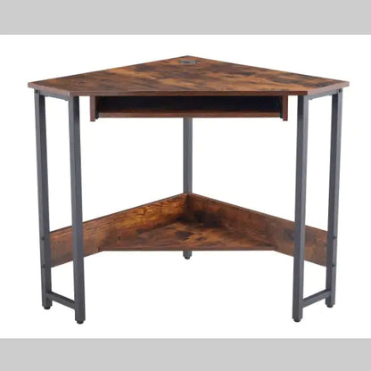 Triangle Corner Computer Desk with Keyboard Tray & Storage Shelves (Brown)