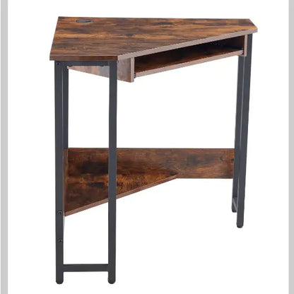 Triangle Corner Computer Desk with Keyboard Tray & Storage Shelves (Brown)