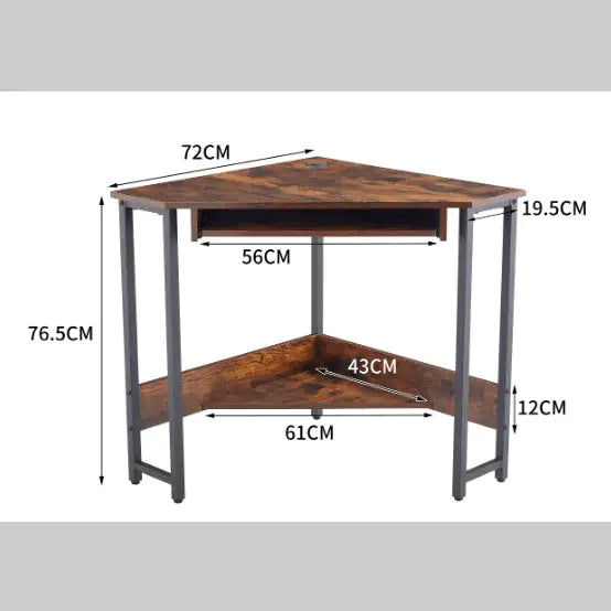 Triangle Corner Computer Desk with Keyboard Tray & Storage Shelves (Brown)
