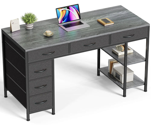 Huuger 47" Computer Desk with 6 Drawers, Shelves & Reversible Storage (Gray)